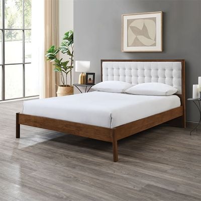 Derby Daisy 180x200 Solid Wood King Bed with Upholstered Headboard -Brown+Beige - With 2-Year Warranty