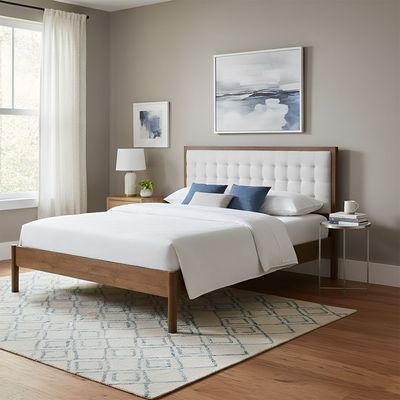 Derby Daisy 180x200 Solid Wood King Bed with Upholstered Headboard -Brown+Beige - With 2-Year Warranty