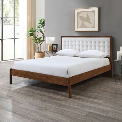 Derby Daisy 160x200 Solid Wood Queen Bed with Upholstered Headboard -Brown+Beige - With 2-Year Warranty