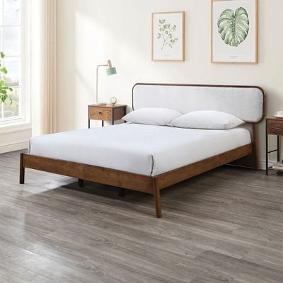 Derby Hanabi 180x200 Solid Wood King Bed with Upholstered Headboard -Brown+Beige - With 2-Year Warranty