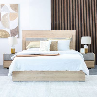 Edison 180X200 King Bed Set W/Led+2 Nightstands+Dresser/Mirror-Oak+Cement