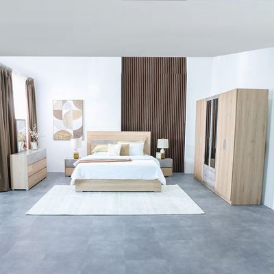 Edison 180X200 King Bed Set W/Led+2 Nightstands+Dresser/Mirror-Oak+Cement