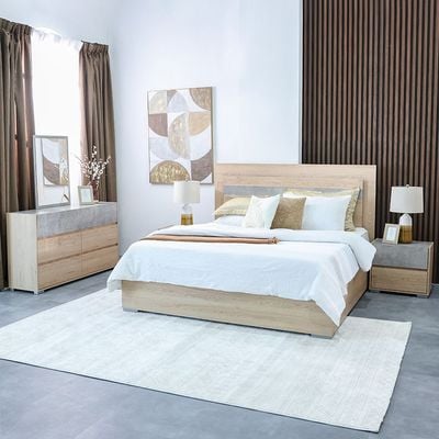 Edison 180X200 King Bed Set W/Led+2 Nightstands+Dresser/Mirror-Oak+Cement