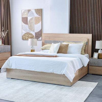 Edison 180x200 King Bed Set with LED + 2 Nightstands + Dresser with Mirror - Oak/Cement - With 2-Year Warranty