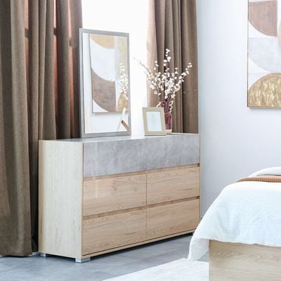 Edison 180X200 King Bed Set W/Led+2 Nightstands+Dresser/Mirror-Oak+Cement