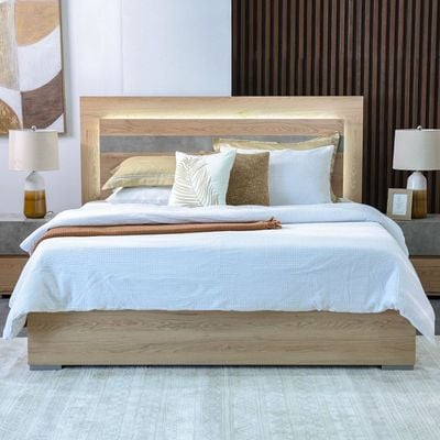 Edison 180X200 King Bed Set W/Led+2 Nightstands+Dresser/Mirror-Oak+Cement