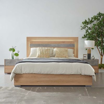 Edison 180X200 King Bed Set W/Led+2 Nightstands+Dresser/Mirror-Oak+Cement