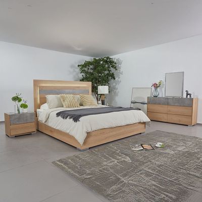 Edison 180X200 King Bed Set W/Led+2 Nightstands+Dresser/Mirror-Oak+Cement