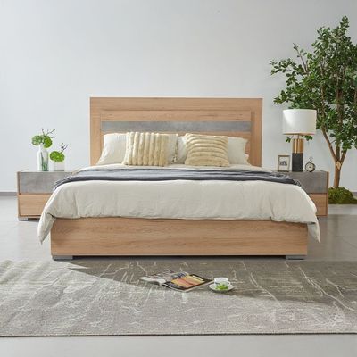 Edison 180X200 King Bed Set W/Led+2 Nightstands+Dresser/Mirror-Oak+Cement