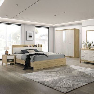 Kelly 180x200 King Bedroom Set with Headboard Storage - White Ash+Sonoma Oak - With 2-Year Warranty