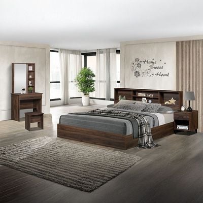 Gamorah New 180X200 King Bed Set+1 Nightstand+Dresser/Mirror & Stool-Columbia Dark Brown