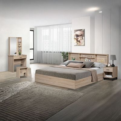 Gamorah New 180X200 King Bed Set+1 Nightstand+Dresser/Mirror & Stool-Sonoma Oak