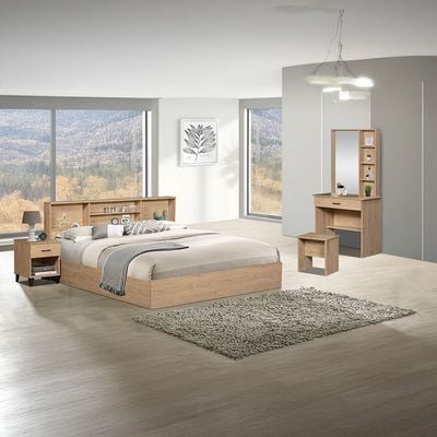 Gamorah New 180X200 King Bed Set+1 Nightstand+Dresser/Mirror & Stool-Oak
