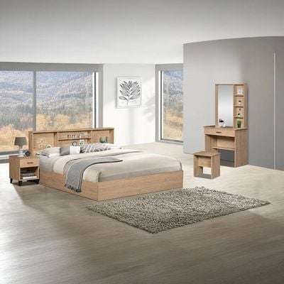 Gamorah New 180X200 King Bed Set+1 Nightstand+Dresser/Mirror & Stool-Oak