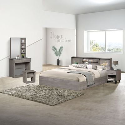 Gamorah New 180X200 King Bed Set+1 Nightstand+Dresser/Mirror & Stool-Warm Grey