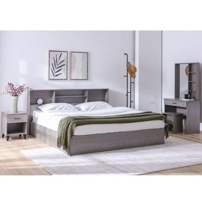 Gamorah 180X200 King Bed Set+1 Nightstand+Dresser/Mirror & Stool-Warm Grey
