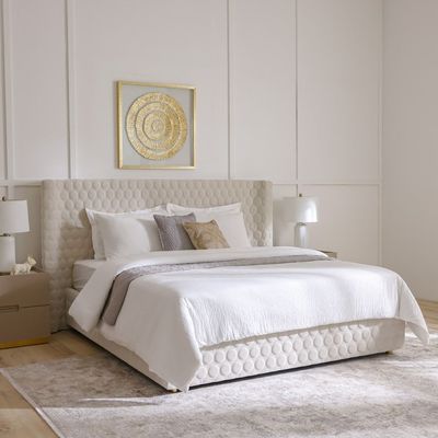 Allayal 180X200 King Bed Set W/ 2 Nightstand - Beige/Gold