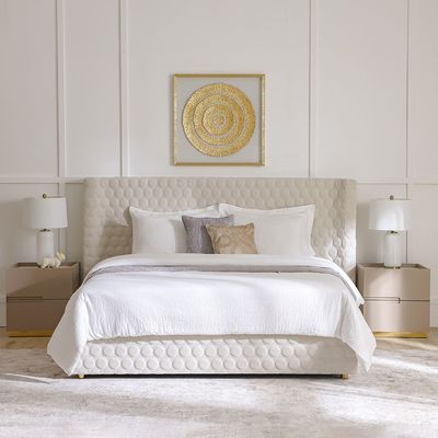 Allayal 180X200 King Bed Set W/ 2 Nightstand - Beige/Gold