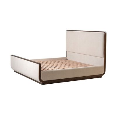 Oboro 200X200 Upholstered Super King Bed w/ Solid Wood Frame -Beige/Walnut