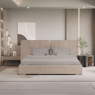 Braxton 180x200 Upholstered King Bed w/hydraulic Storage & Foldable Headboard -Brown/Brass