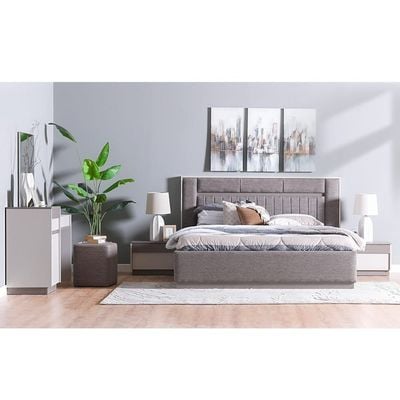 Atlas 180X200 King Bed + 2 Night Stand and Dresser with Mirror + Stool  - Taupe/Cream