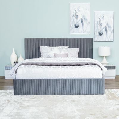 Hugo 180x200 King Bed Set + Dresser with Mirror and Pouf + 2 Nightstands- White/Grey - With 2-Year Warranty