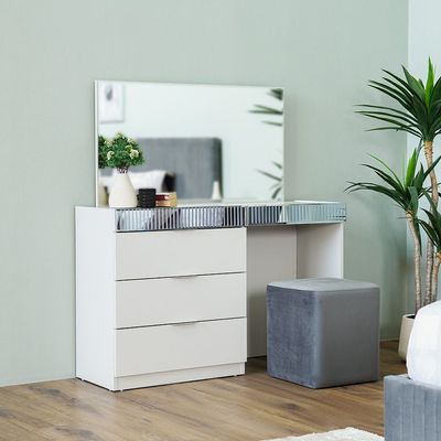 Hugo 180x200 King Bed Set + Dresser with Mirror and Pouf + 2 Nightstands- White/Grey - With 2-Year Warranty