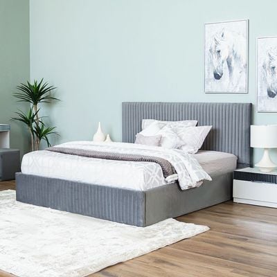 Hugo 180x200 King Bed Set + Dresser with Mirror and Pouf + 2 Nightstands- White/Grey - With 2-Year Warranty