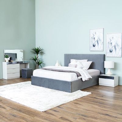 Hugo 180x200 King Bed Set + Dresser With Mirror And Pouf - White / Grey
