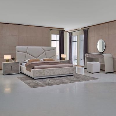 Halberg 180X200 King Bed + 2 Night Stand + Dresser with Mirror and Pouf- Light Grey