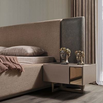Latte 180x200 King Bed Set with Hydraulic Storage with Dresser and Mirror + Stool + 2 Nightstands - Brown/Beige - With 2-Year Warranty