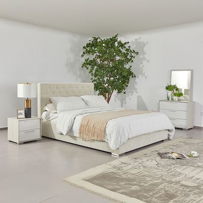 Austin 4pcs Bedroom Set - 180 x 200 Upholstered King Bed + Nightstand + Dresser Mirror - Beige/White/Light Oak