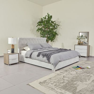 Austin 4pcs Bedroom Set 180 x 200 Upholstered King Bed + Nightstand + Dresser Mirror - Light Grey / White/Walnut