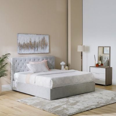 Austin 4-Pc Bedroom Set - Upholstered 180x200 King Bed + Nightstand + Dresser Mirror - Light Grey / White/Walnut - With 2-Year Warranty