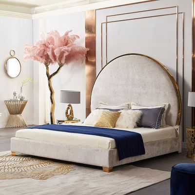 Aanya Bed Set 200X200 Fabric Super King Bed W/Usb Port + 2 Nightstands - Beige / Gold