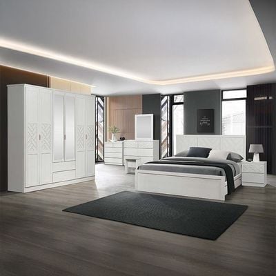 Casablanca 200x200 Super King Bed+2Nightstands+Dresser+Mirror+Stool W/ 2 USB-White Oak