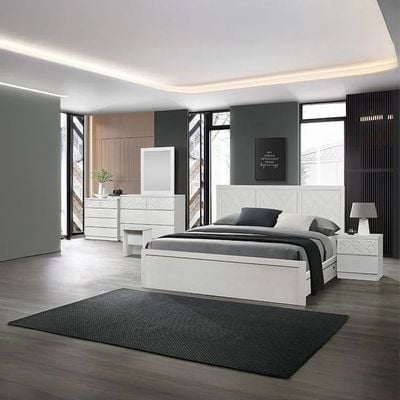 Casablanca 200x200 Super King Bed + 2Nightstands + Dresser + Mirror + Stool with 2 USB - White Oak - With 2-Year Warranty