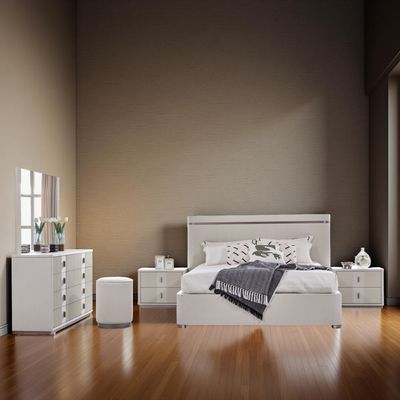 Aries 180X200 King Bed w/ 2 Nightstand and Dresser w/Mirror + Stool- L.Beige Oak Veneer