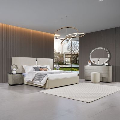 Grayson 180X200 King Bed W/2 Night Stand And Dresser Mirror W/Led + Stool - Grey / Silver 
