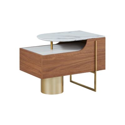 Quarto 180X200 King Bed W/ 2 Night Stand And  Dresser With Mirror + Stool - Beige/ Walnut /Gold