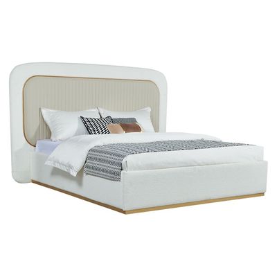 Quarto 180X200 King Bed W/ 2 Night Stand And  Dresser With Mirror + Stool - Beige/ Walnut /Gold