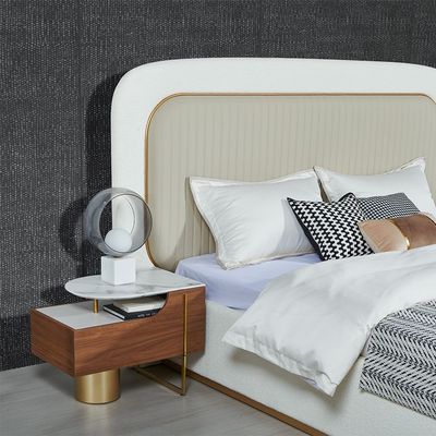 Quarto 180X200 King Bed W/ 2 Night Stand And  Dresser With Mirror + Stool - Beige/ Walnut /Gold