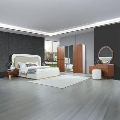 Quarto 180X200 King Bed W/ 2 Night Stand And  Dresser With Mirror + Stool - Beige/ Walnut /Gold