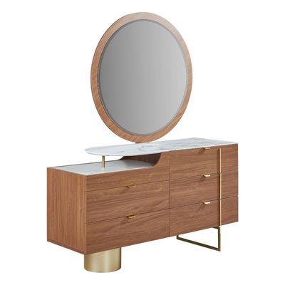 Quarto 180X200 King Bed W/ 2 Night Stand And  Dresser With Mirror + Stool - Beige/ Walnut /Gold