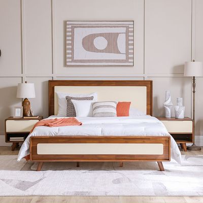 Driftwood 180X200 Solid Wood King Bed+2Nightstands+Dresser+Mirror-Brown & Cream