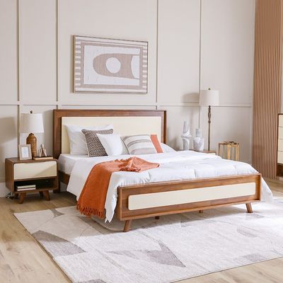 Driftwood 180X200 Solid Wood King Bed+2Nightstands+Dresser+Mirror-Brown & Cream