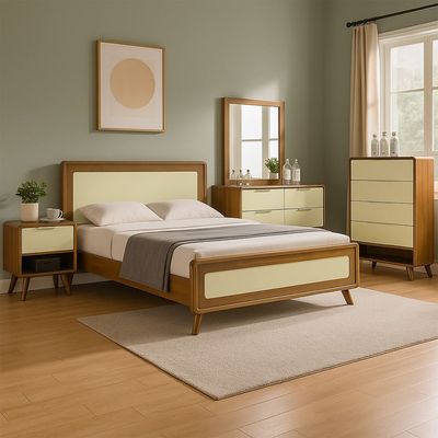 Driftwood 180X200 Solid Wood King Bed+2Nightstands+Dresser+Mirror-Brown & Cream