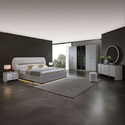 Virgo 200X200 Upholstered  Super King Bedset W/Led W/ 2 Night Stand And 6 Drawer Dresser With Mirror & Stool - Matt Grey