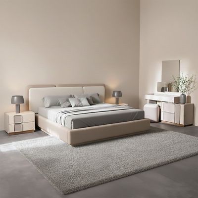 Mirante 200X200 Super King Bed With 2 Night Stand And Dresser With Mirror + Stool-Grey