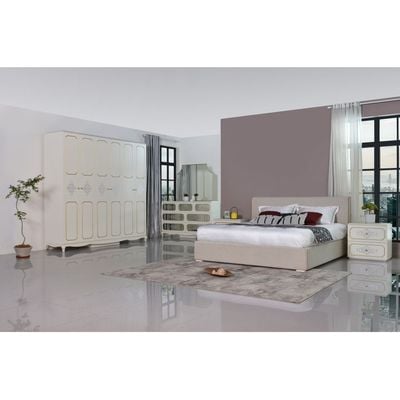 Selena 180x200 Upholstered King Bed Set w/2 Night Stand + Dressor Mirror Stool + 6 Door Wardrobe – Beige/Mirror